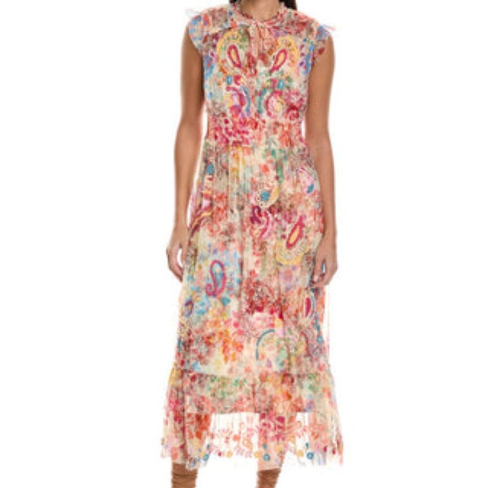 Johnny Was Mazzy Tie Midi / Maxi Dress White Leafy Floral Mesh 3xl